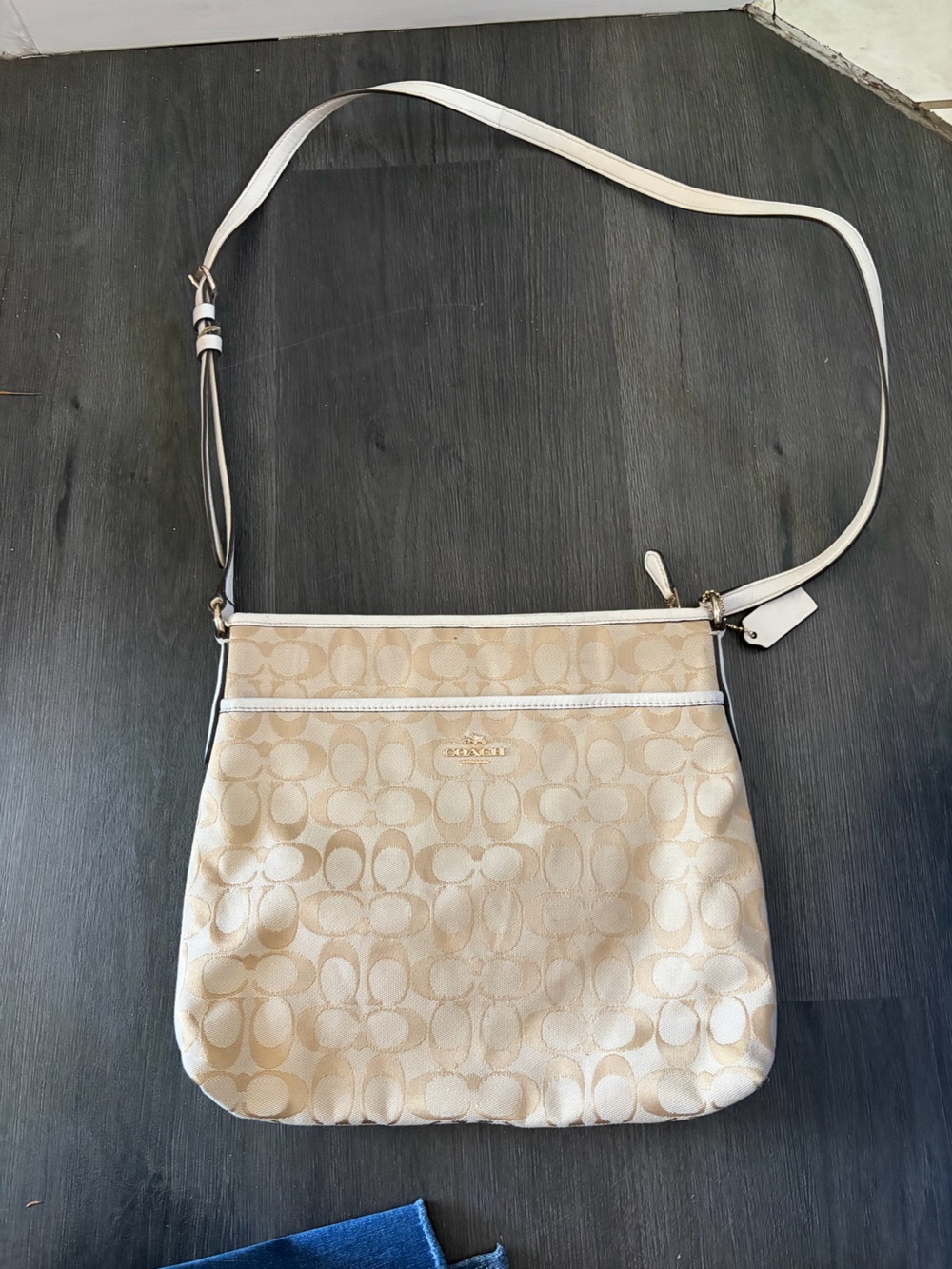 Coach Beige Signature Canvas Crossbody with White Trim
